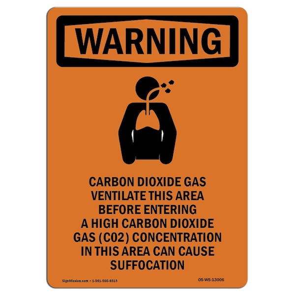Safety Sign, OSHA WARNING, 5" Height, Carbon Dioxide Gas, Portrait, 10PK